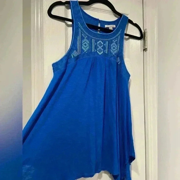 American Eagle Cobalt Blue Flows Silver Embroidered Button Tank Top Size Small - Picture 1 of 12